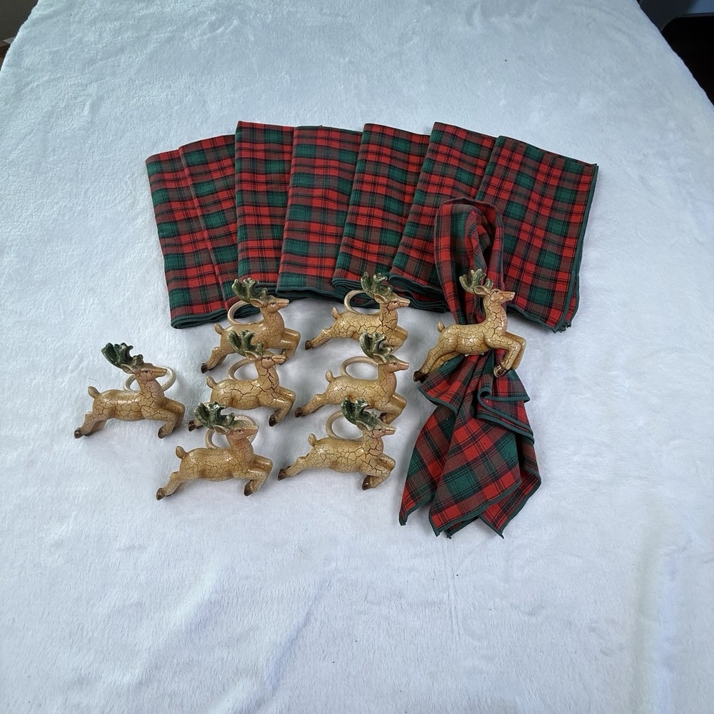 Vintage Christmas Reindeer Napkin Rings Set 8 Tartan Plaid Cloth Napkins Holiday